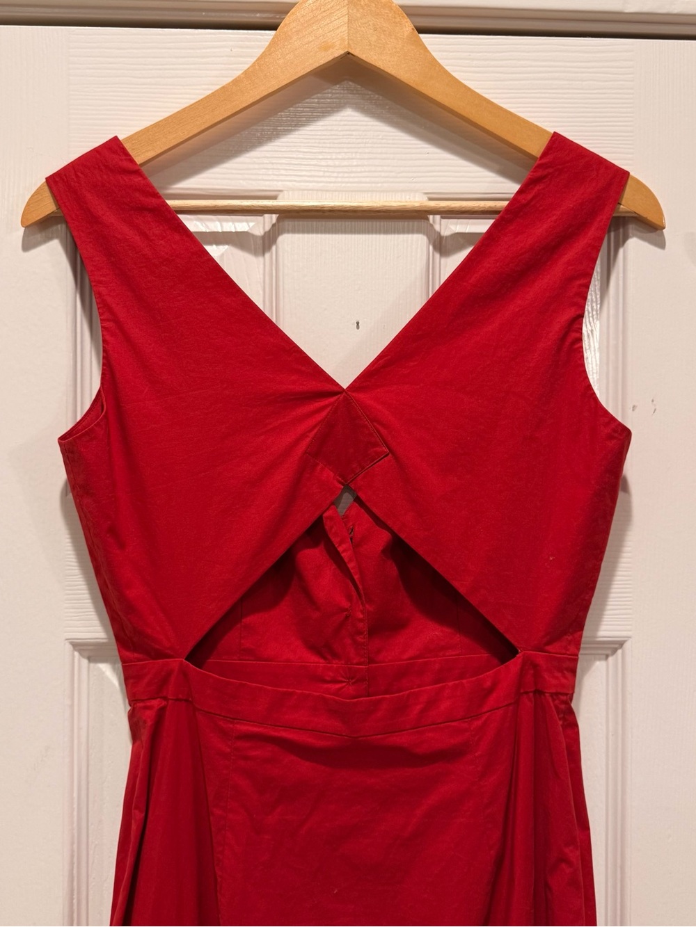 SALONI Zoey Cut Out Cotton Poplin Midi Dress Fluted Hem Red Button Down V Neck 4 - Picture 6 of 12